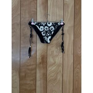 Shan Womens Floral Tassel Side Tie Bikini Bottom Black White Size 10 Luxury Swim